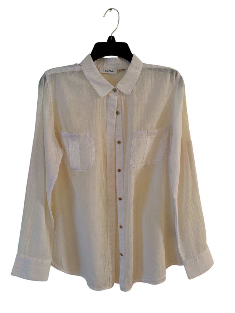 Calvin Klein Women's White Gauze Button-Up Shirt, L